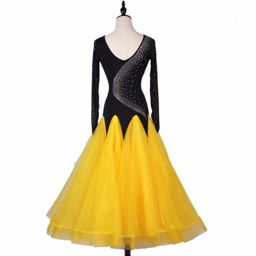 Black with yellow rhinestones competition ballroom dance dresses for women girls waltz tango foxtrot smooth rhythm senior dancing costumes for female